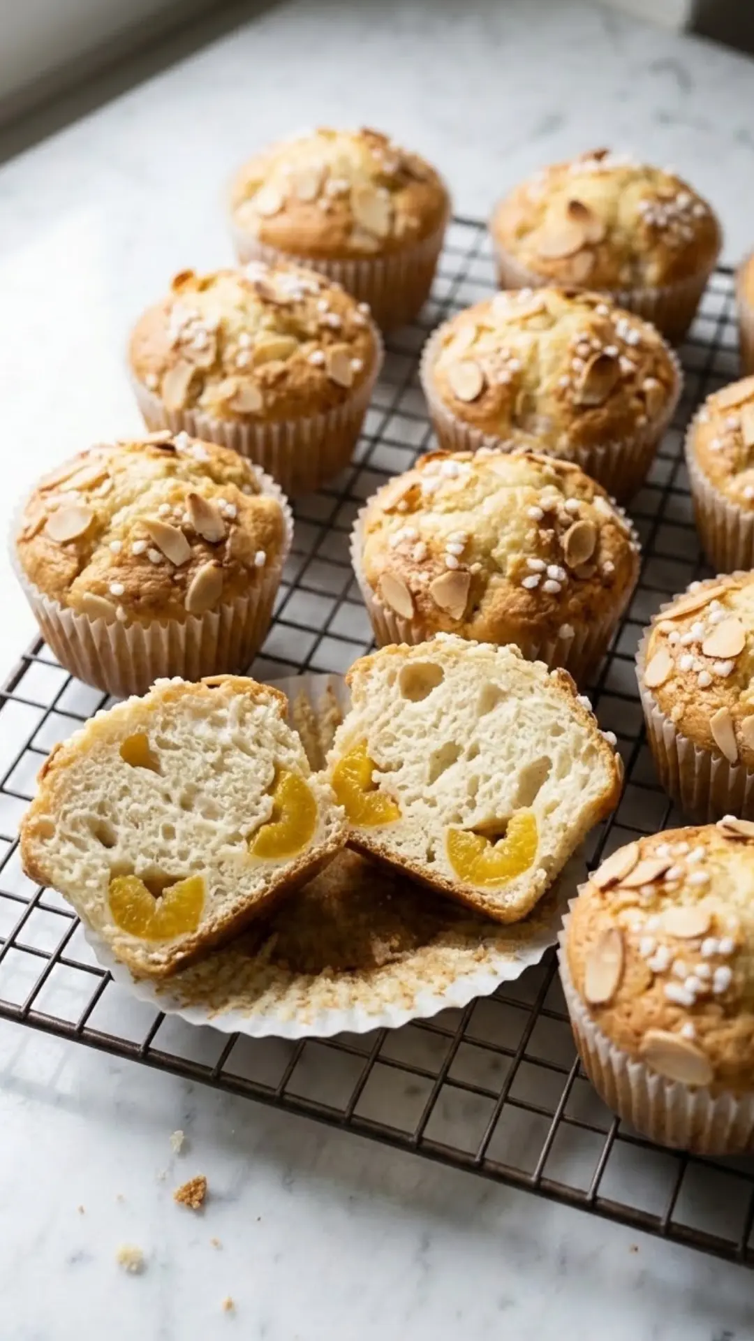 Saftige Mirabellen-Muffins mit Joghurt, Hagelzucker und knusprigen Mandelblättchen auf einem Kuchengitter.
