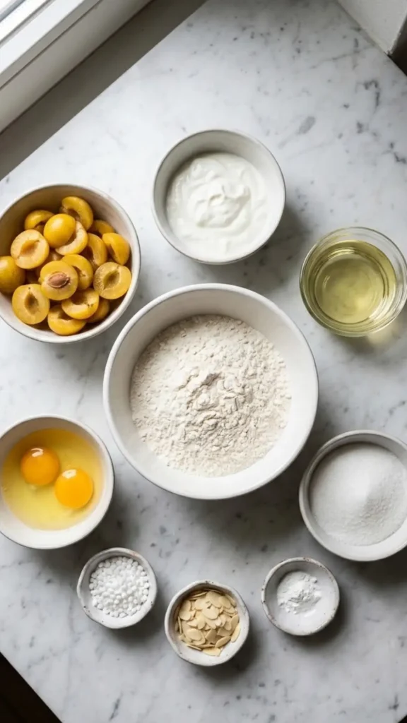 Zutaten für Mirabellen-Muffins: Mehl, Mirabellen, Joghurt, Eier, Öl, Zucker, Hagelzucker und Mandelblättchen.