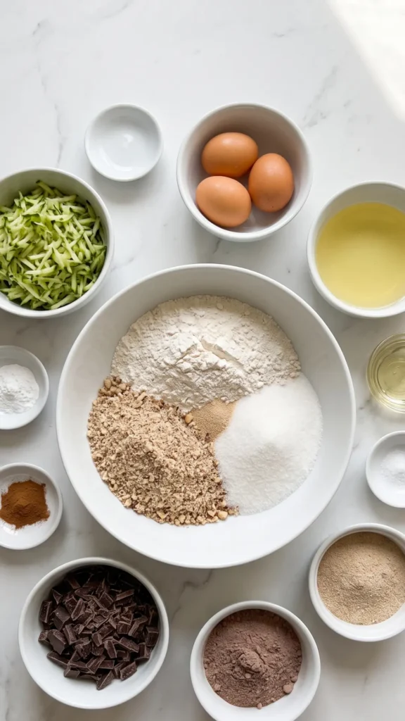 Zutaten für Zucchinikuchen mit Nüssen: Mehl, gemahlene Haselnüsse, Zucchini, Eier, Speiseöl, Schokolade und Schokoglasur.