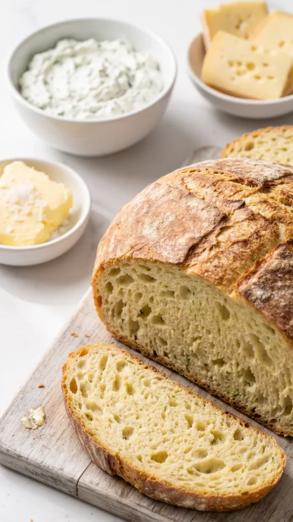 Zucchini-Kartoffel-Brot Scheibe serviert mit frischer Kräuterbutter und Quark.