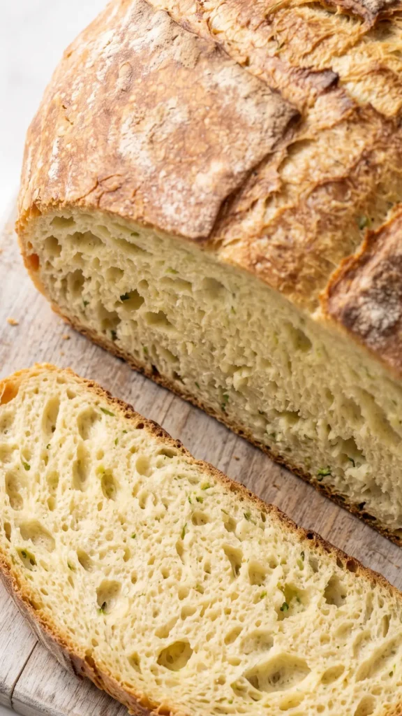 Nahaufnahme von Zucchini-Kartoffel-Brot — saftige Krume mit Zucchini-Stückchen und knusprige Kruste.