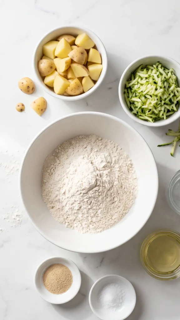 Zutaten für Zucchini-Kartoffel-Brot: Dinkelmehl, Dinkelvollkornmehl, Kartoffeln, Zucchini, Olivenöl und Hefe.