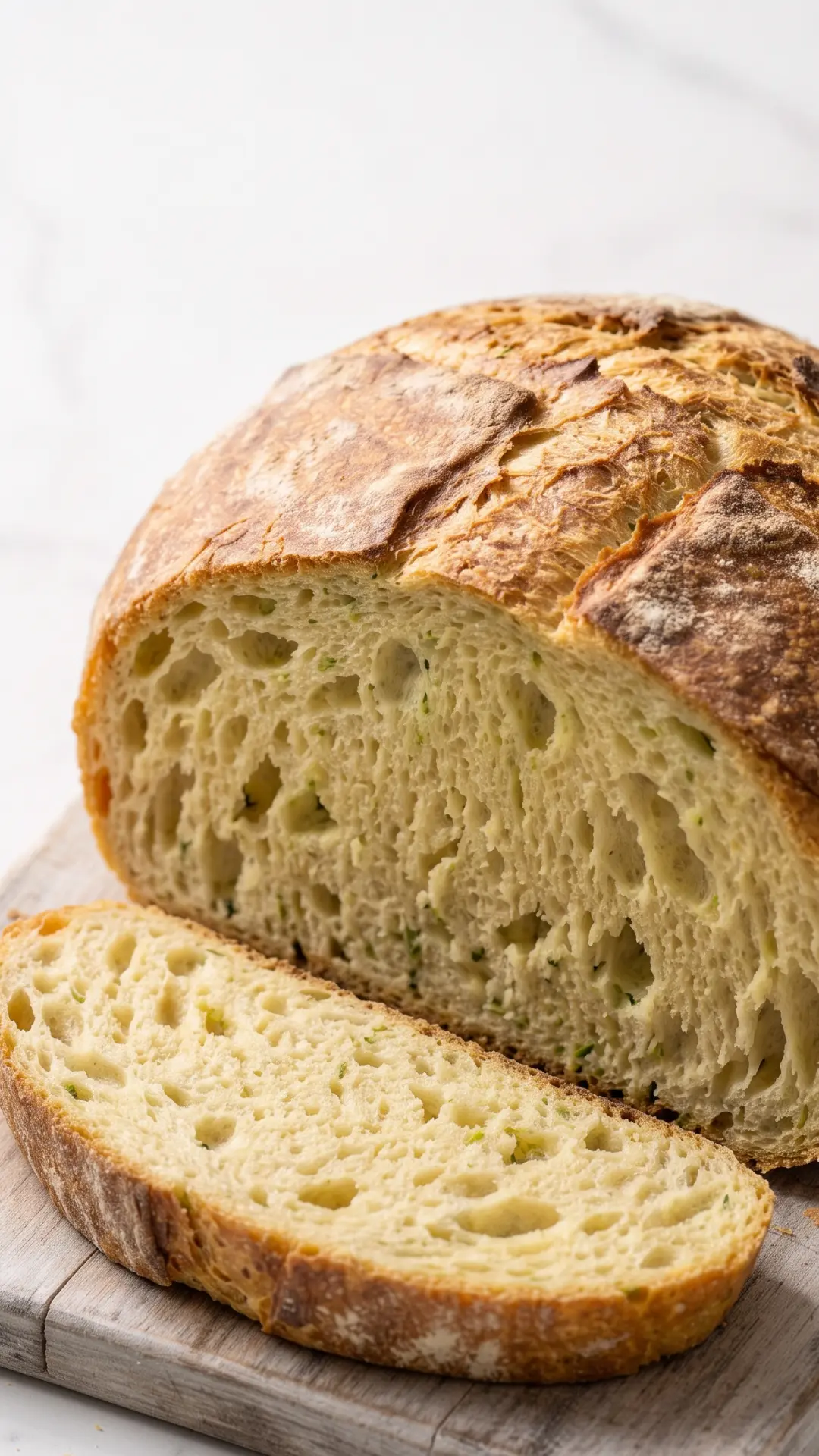 Saftiges Zucchini-Kartoffel-Brot im Topf gebacken — knuspriges Topfbrot angeschnitten auf Holzbrett.