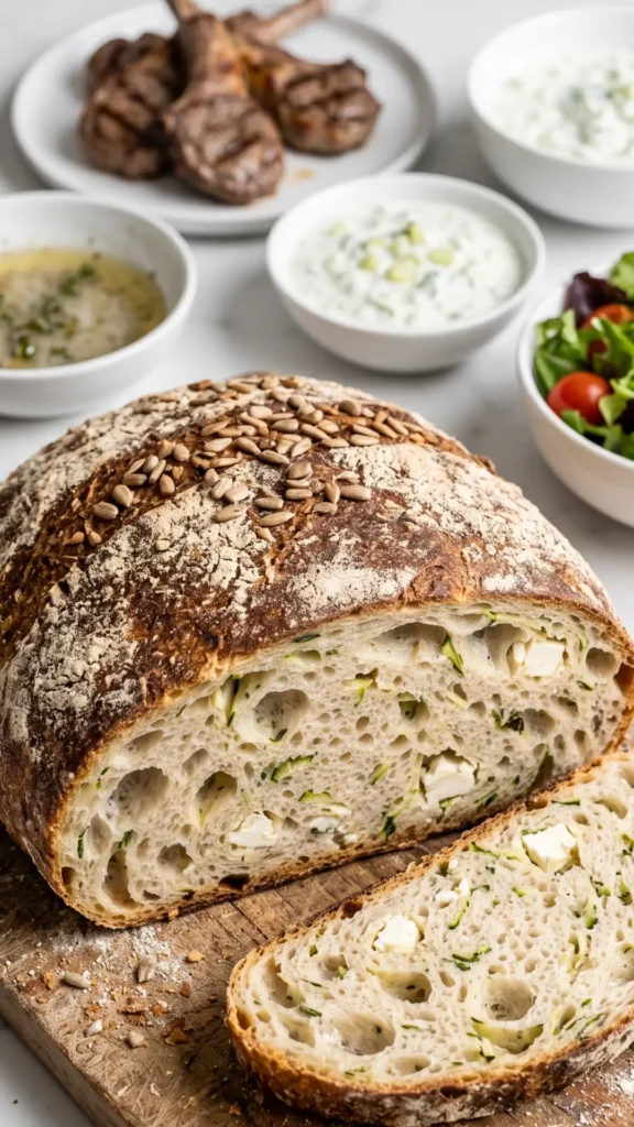 Zucchinibrot-Scheibe angeschnitten mit Feta und Thymian serviert neben Olivenöl zum Dippen.