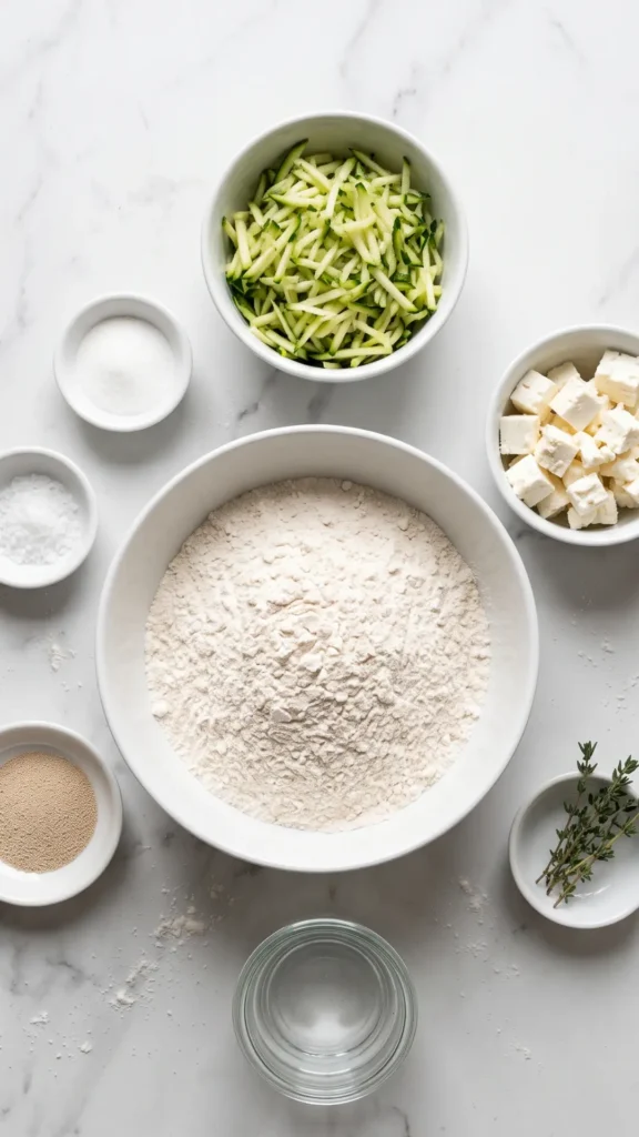 Zutaten für Zucchinibrot mit Feta und Thymian: Mehl, Trockenhefe, Zucchini, Feta, frischer Thymian und Fleur de Sel.