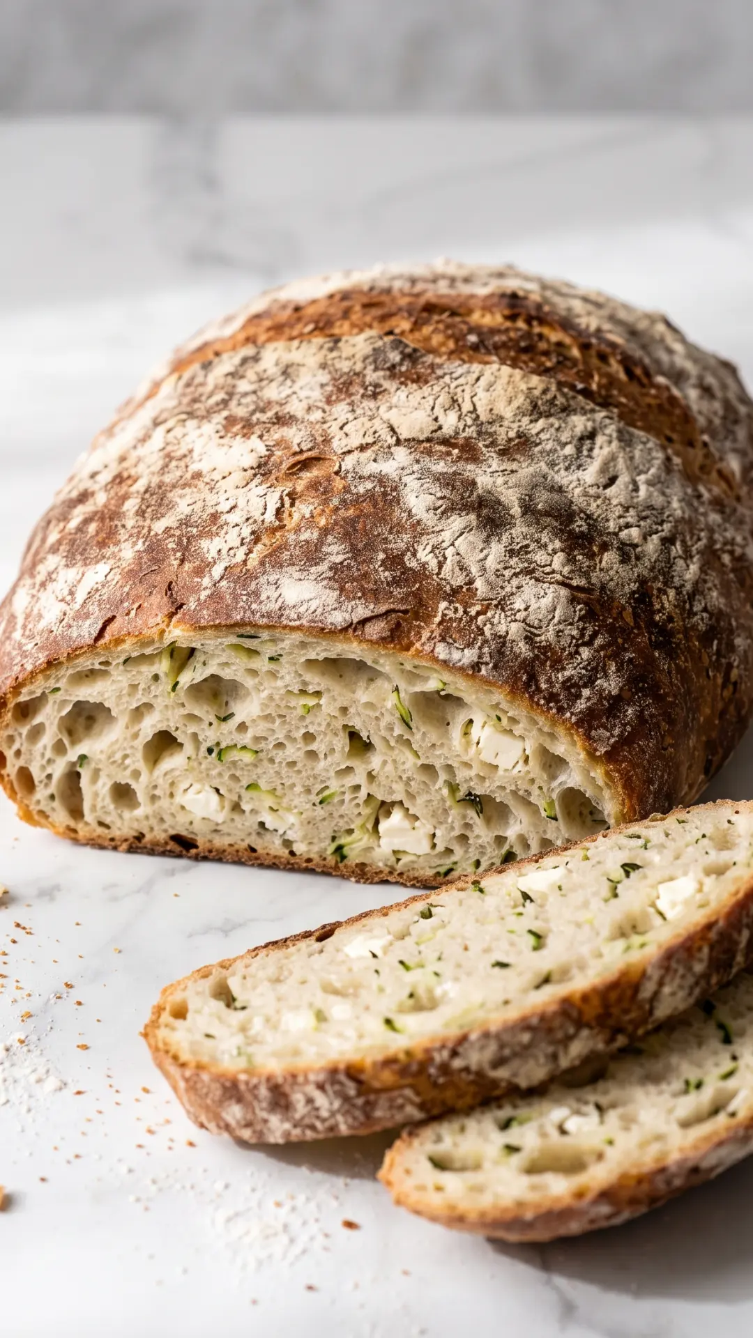 Saftiges Zucchinibrot mit Feta und frischem Thymian – rustikal mehlbestäubtes Hefebrot.