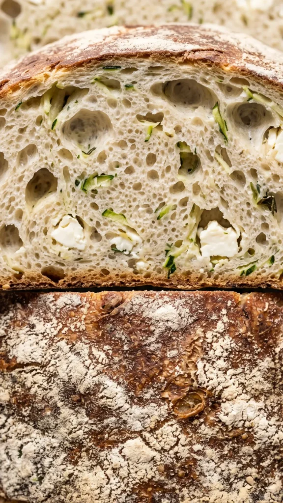 Nahaufnahme vom Zucchinibrot — mehlbestäubte Kruste, grüne Zucchinistreifen, Thymian und Feta-Würfel.