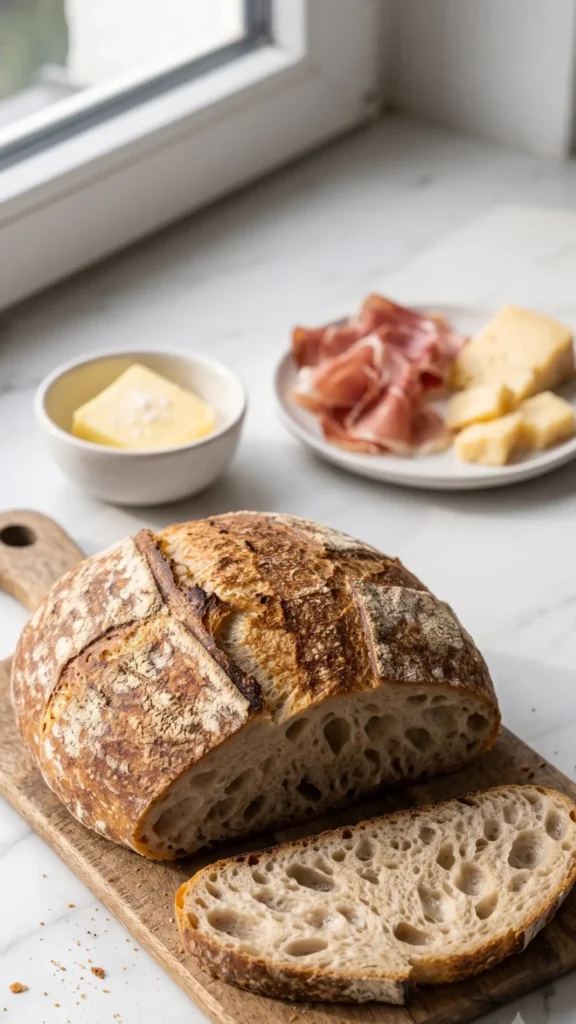 Same-Day Sauerteigbrot Scheibe serviert mit frischer Salzbutter und Schinken.