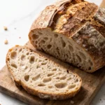 Frisch gebackenes Same-Day Sauerteigbrot aus Ruchmehl mit knuspriger Kruste, angeschnitten auf einem Holzbrett.