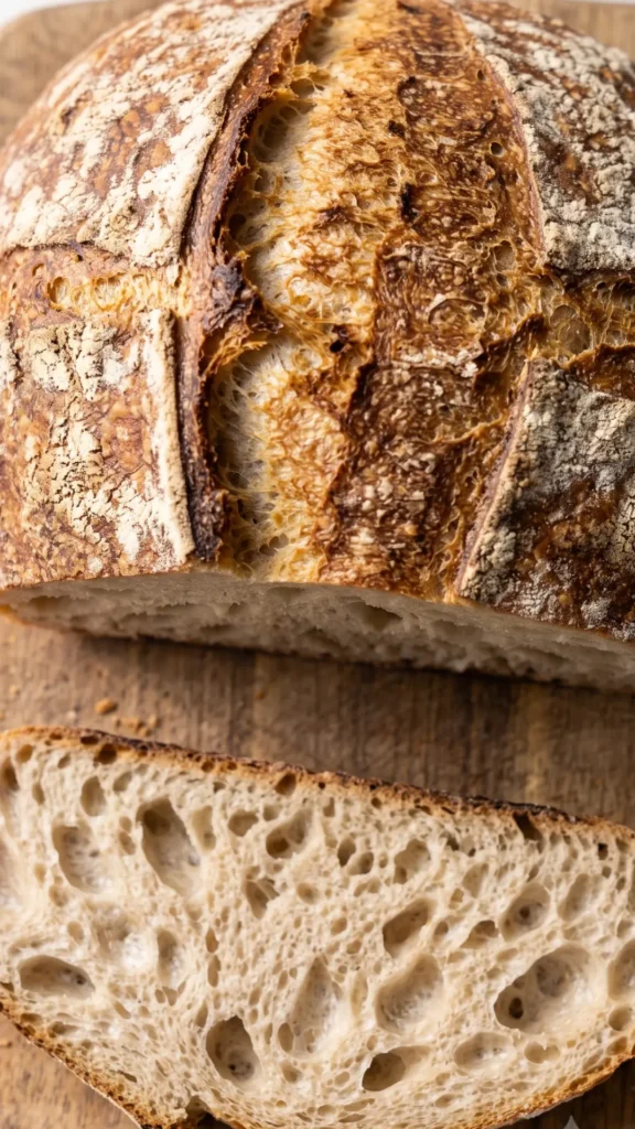 Nahaufnahme der Ruchmehl-Sauerteigkrume — großporig, extrem elastisch und mit feiner Mehlkruste.