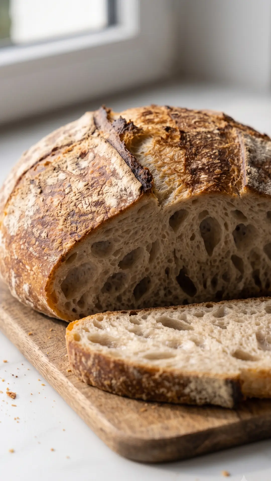 Frisch gebackenes Same-Day Sauerteigbrot aus Ruchmehl mit knuspriger Kruste, angeschnitten auf einem Holzbrett.