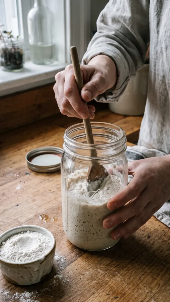 Hände füttern das Anstellgut mit frischem Mehl und Wasser in einem Glas auf der Arbeitsplatte.