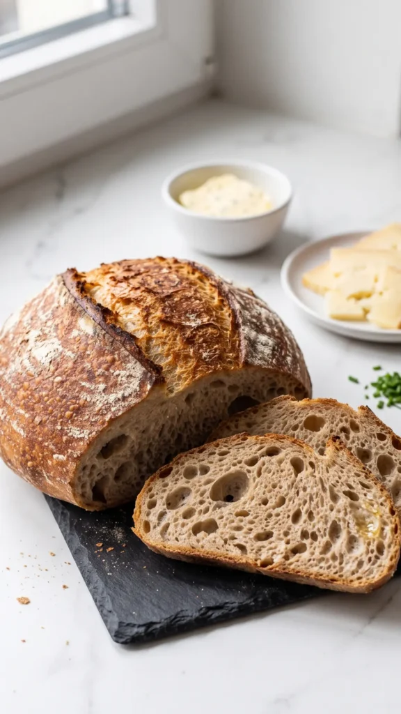 Airfryer-Sauerteigbrot Scheibe serviert mit Salzbutter und nussigem Bergkäse.