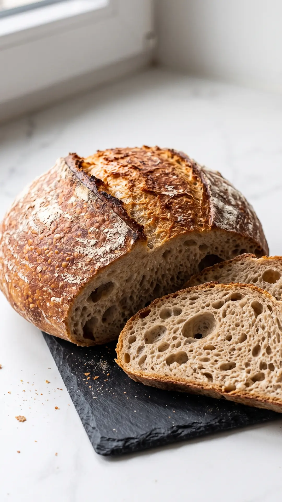 Sauerteigbrot aus der Heißluftfritteuse auf Schieferbrett mit tiefer Bäckermaserung und zwei dicken Scheiben.