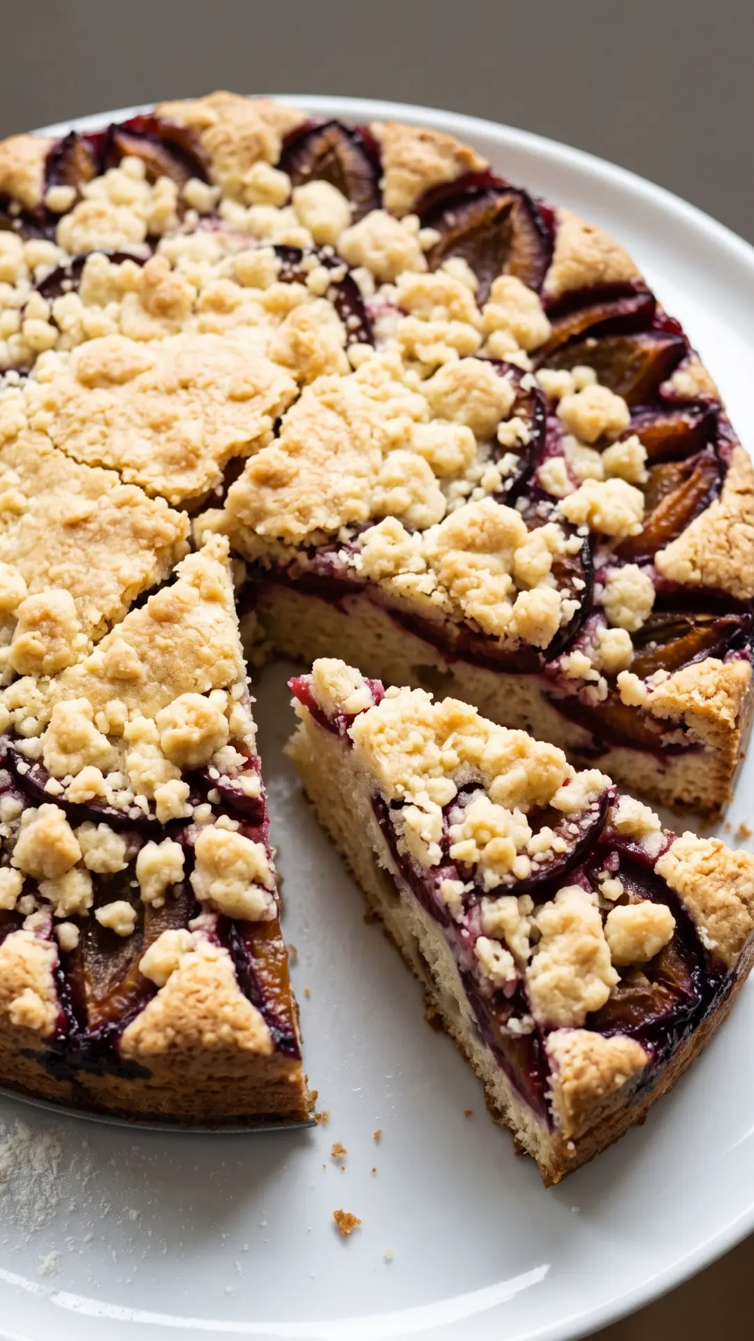 Schneller Pflaumenkuchen mit Streuseln fresh from the oven — round plum crumble cake in a springform pan