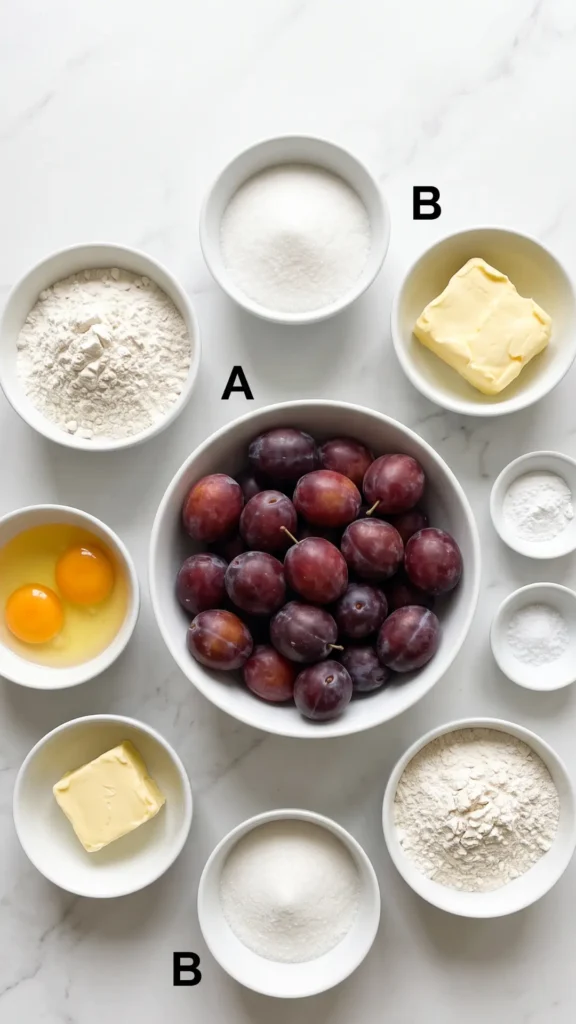 Ingredients for Schneller Pflaumenkuchen mit Streuseln: Weizenmehl, Pflaumen, Butter, Zucker, Eier, and Backpulver