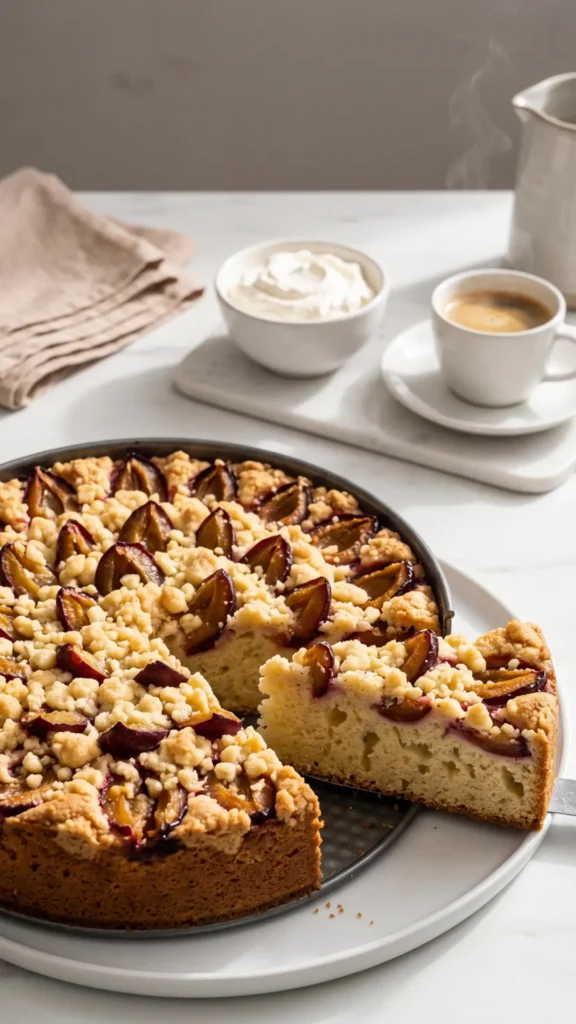 Schneller Pflaumenkuchen mit Streuseln served with whipped cream — slice showing tender sponge crumb and plums