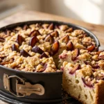 Schneller Pflaumenkuchen mit Streuseln fresh from the oven — round plum crumble cake in a springform pan