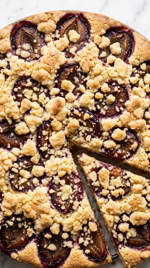 Close-up of Schneller Pflaumenkuchen mit Streuseln — golden-amber butter crumbles over deep purple-red plums