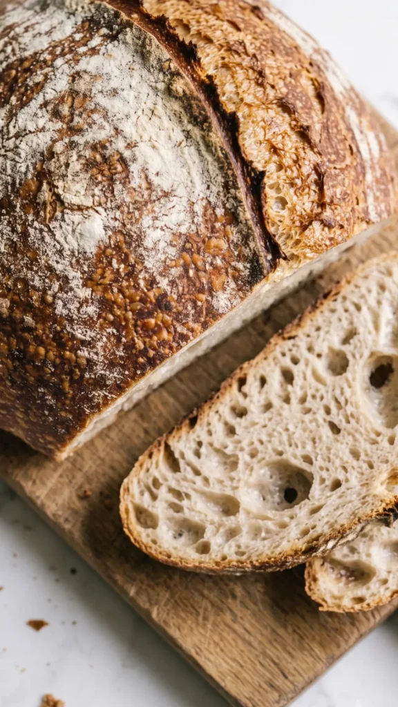 Nahaufnahme der Sauerteig-Mischbrot Krume — wilde offene Porung, glänzende Zellwände und rösche Kruste.