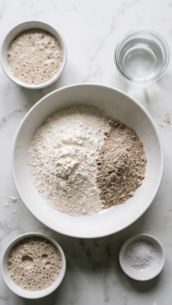 Zutaten für Signature Sauerteig-Mischbrot: Weizenmehl, Roggenmehl, aktiver Sauerteigstarter, Wasser und Salz.