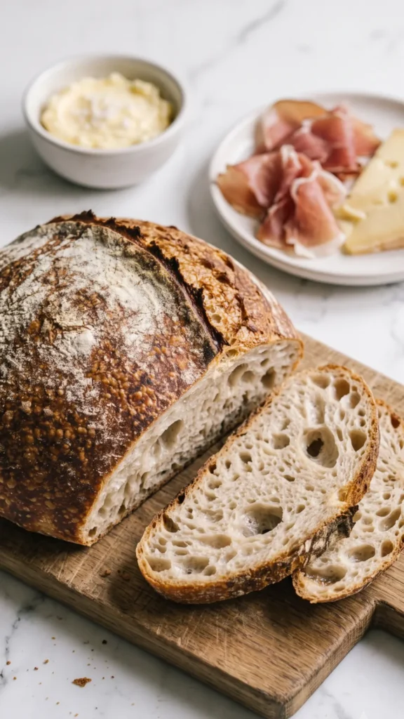 Sauerteigbrot-Scheibe angeschnitten serviert mit gesalzener Fassbutter und Schinken.