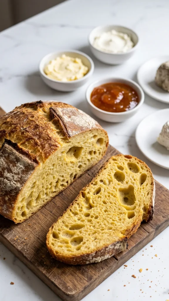 Mirabellen-Sauerteigbrot Scheibe serviert mit frischer Fassbutter und mildem Ziegenkäse.
