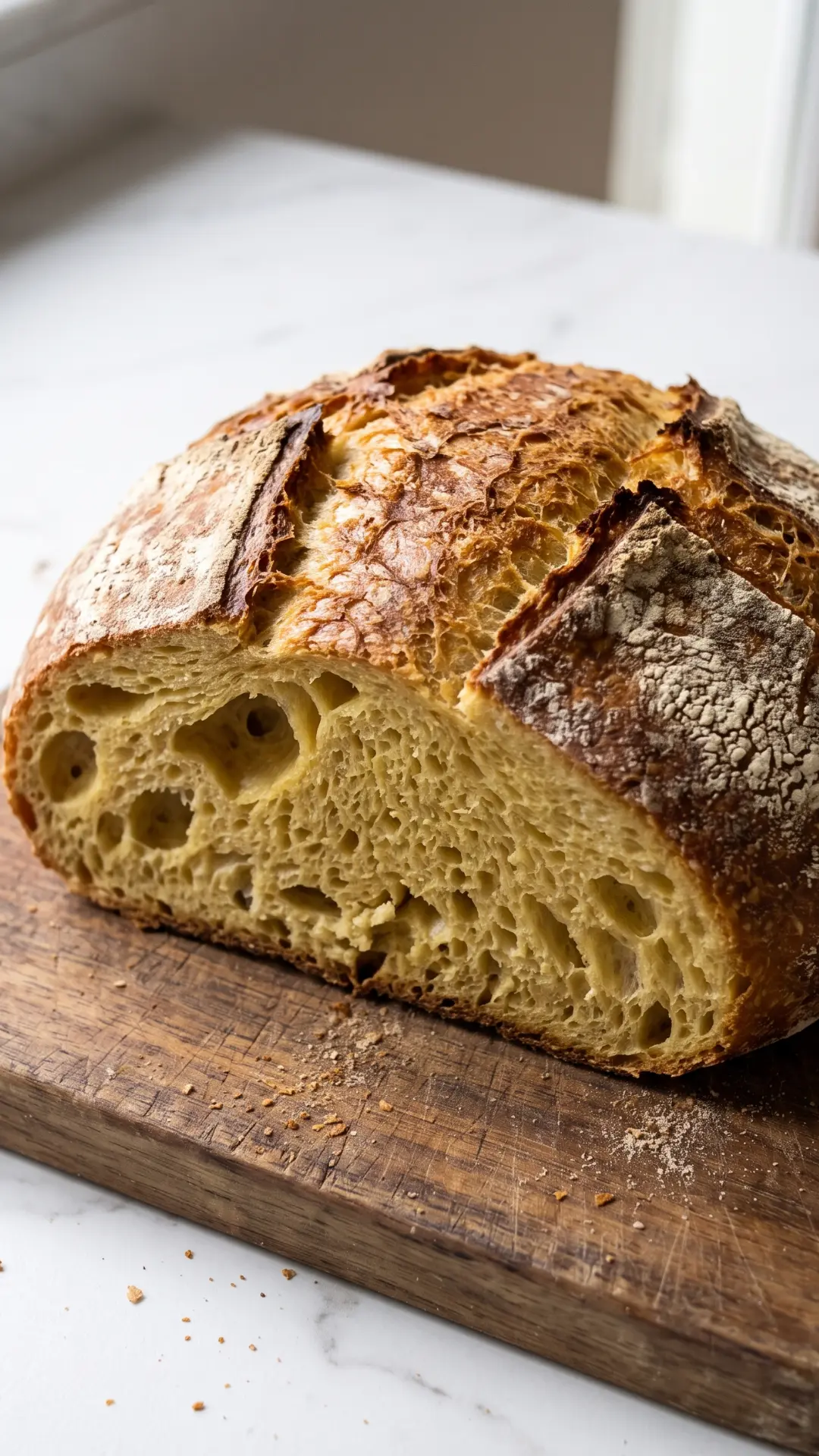 Svens Mirabellen-Sauerteigbrot frisch aus dem Topf, mit goldbrauner Kruste und sonnengelber Krume.
