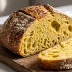 Svens Mirabellen-Sauerteigbrot frisch aus dem Topf, mit goldbrauner Kruste und sonnengelber Krume.
