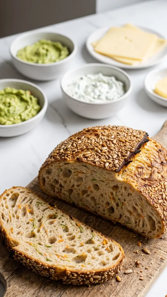 Vital-Brot Scheibe angeschnitten mit gesalzener Fassbutter und Kräuterquark.
