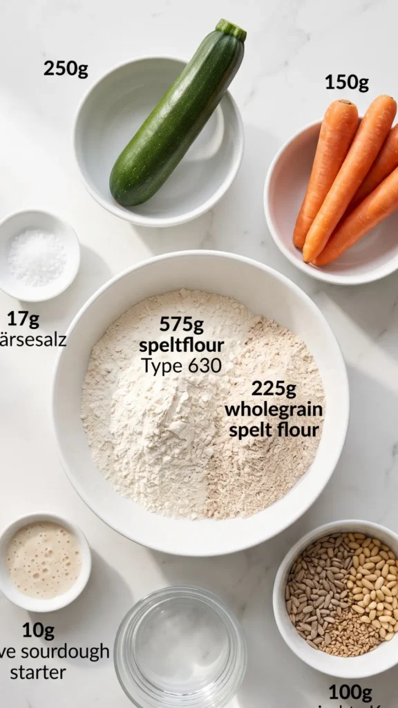 Zutaten für Vital-Brot mit Karotten und Zucchini: Dinkelmehl, Dinkelvollkornmehl, Sauerteig, Möhren, Zucchini und gemischte Kerne.