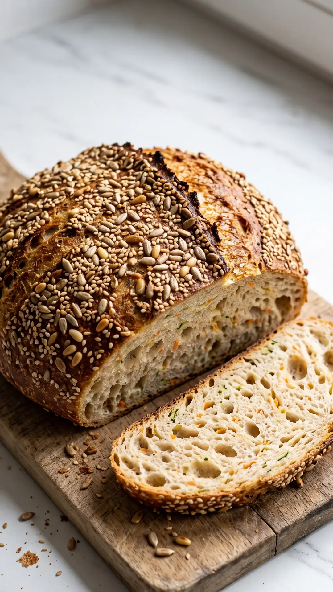 Saftiges Vital-Brot mit Karotten und Zucchini aus dem Gusseisentopf – rundes Sauerteigbrot mit Kernen-Mantel.