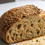 Saftiges Vital-Brot mit Karotten und Zucchini aus dem Gusseisentopf – rundes Sauerteigbrot mit Kernen-Mantel.
