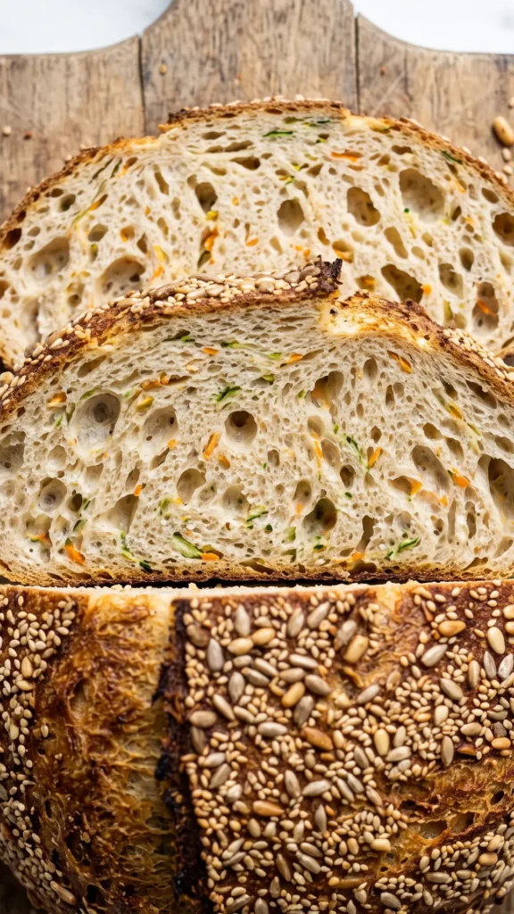 Nahaufnahme vom Vital-Brot — feuchte Dinkel-Sauerteigkrume mit Möhrenraspeln, Zucchini und geroesteten Kernen.