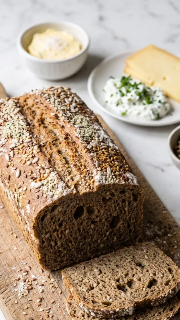 Vollkorn-Zucchini-Brot Scheibe serviert mit frischer Butter und Meersalz.