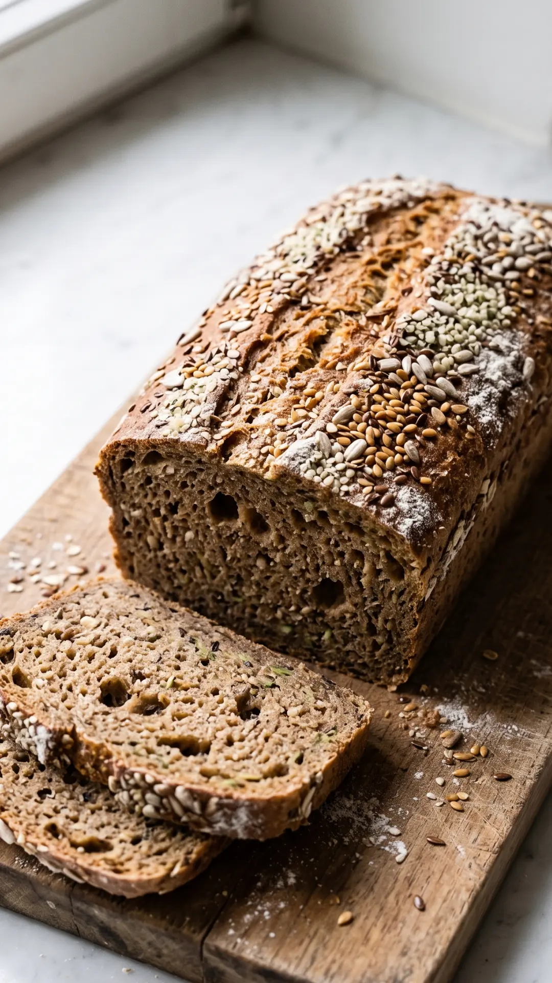Vollkorn-Zucchini-Kastenbrot frisch gebacken und angeschnitten auf Holzbrett mit Hanfsamen-Topping.
