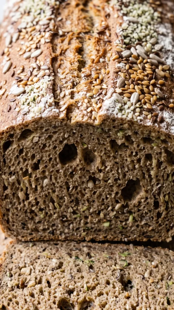 Nahaufnahme vom Vollkorn-Zucchini-Brot — saftige Vollkornkrume mit Leinsamen, Sonnenblumenkernen und Hanfsamen.