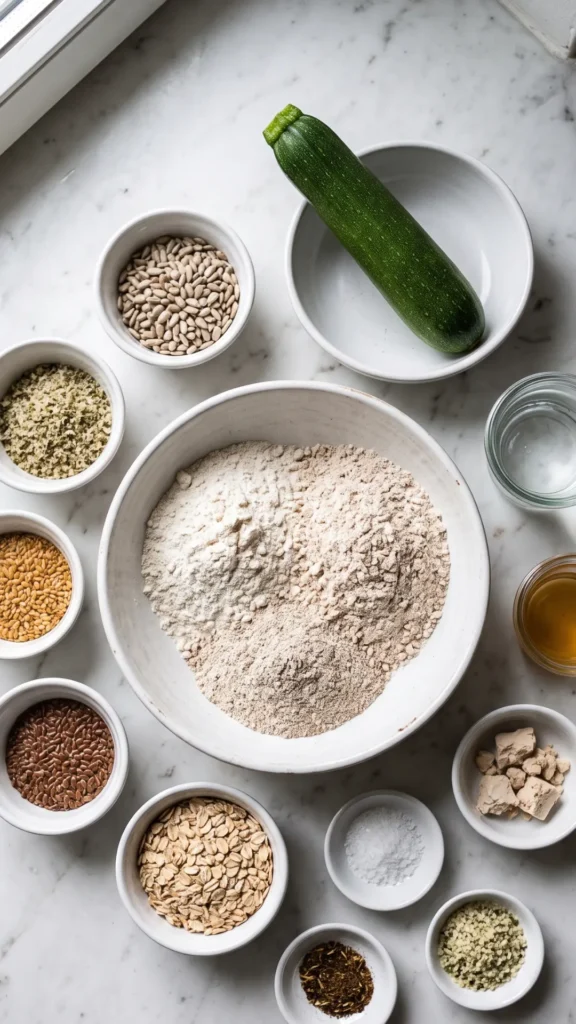 Zutaten für Vollkorn-Zucchini-Kastenbrot: Vollkornmehle, Saaten, Zucchini, Apfelessig und Hanfsamen.