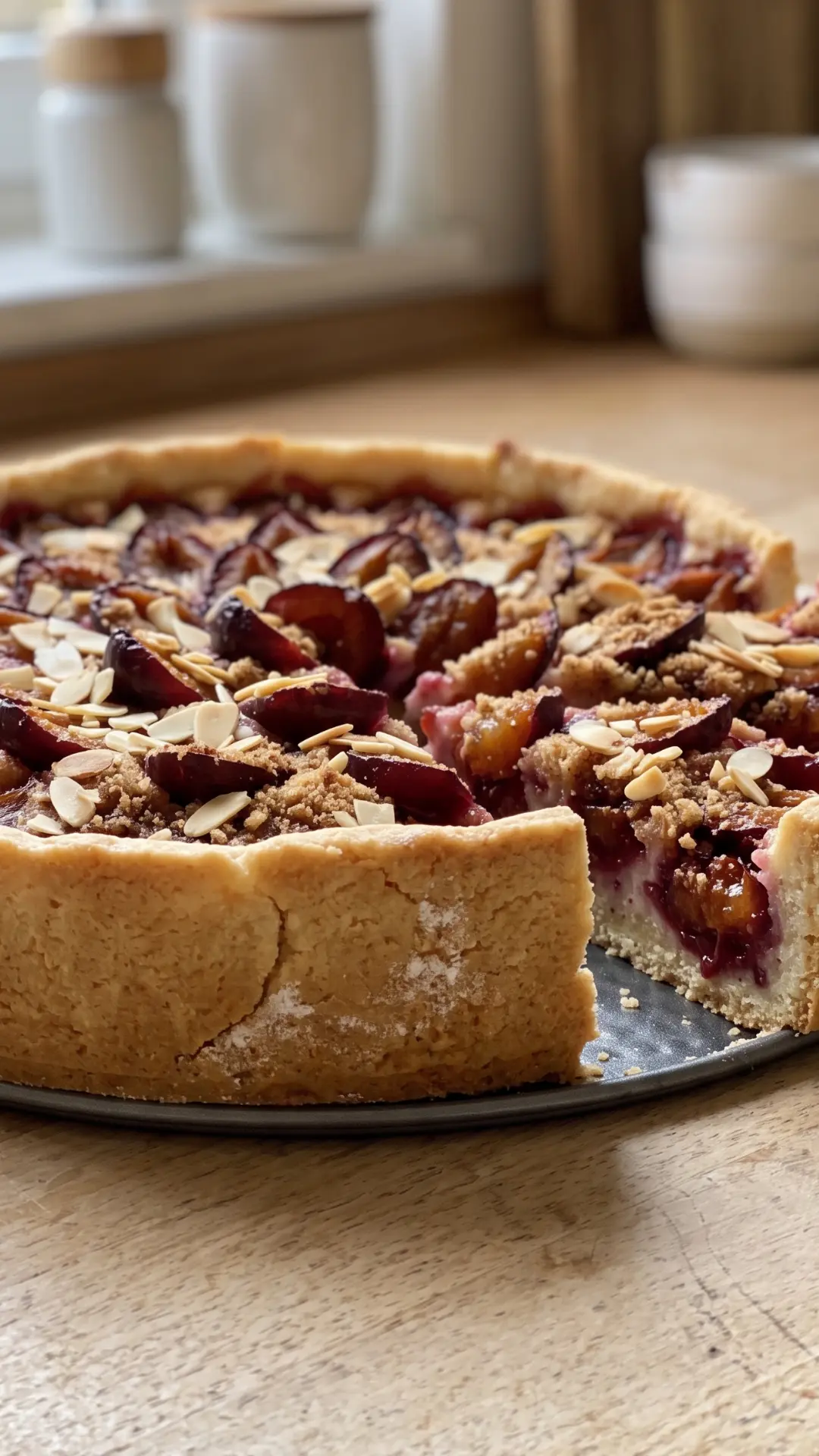 Zwetschgenkuchen mit Mürbteig fresh from the oven — golden plum tart with toasted almond slivers