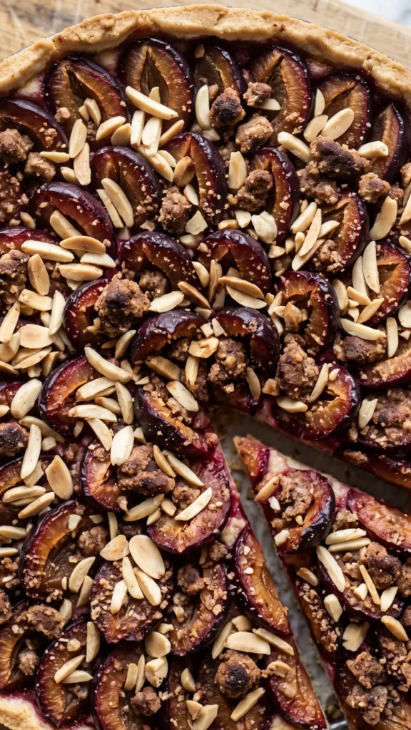 Close-up of Zwetschgenkuchen mit Mürbteig — glossy purple plums topped with toasted almonds and cinnamon crumbs