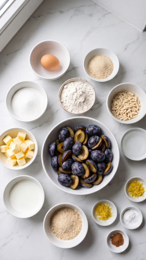 Ingredients for Zwetschgenkuchen mit Mürbteig: Mehl, Zwetschgen, Butter, Zucker, Ei, and gestiftete Mandeln
