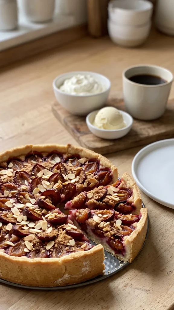 Zwetschgenkuchen mit Mürbteig served with whipped cream — sliced plum tart showing tender pastry base