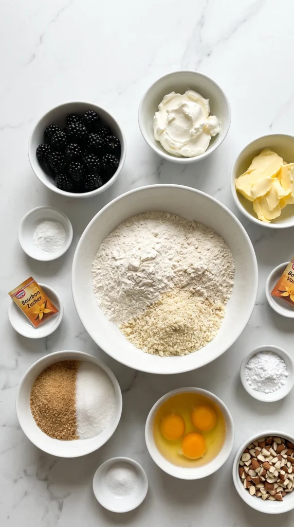 Zutaten für Brombeer-Mandelkuchen mit Vanille-Streuseln: Mehl, gemahlene Mandeln, Mascarpone, Brombeeren, gehackte Mandeln, Rohrzucker und Bourbon-Vanille-Zucker.