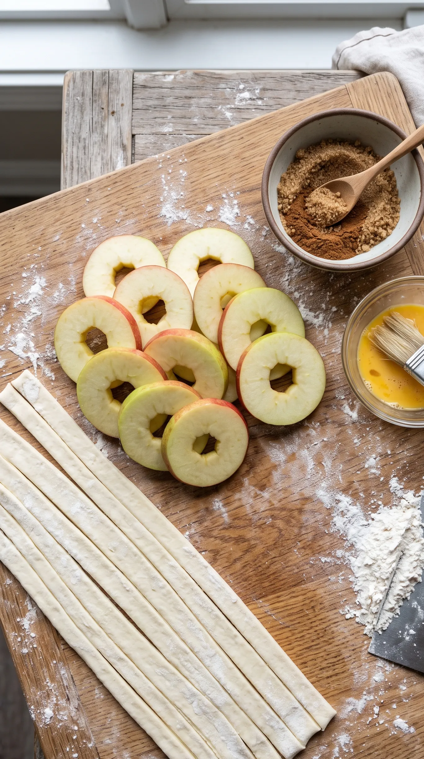 Zutaten für Apfelringe im Blätterteig: Äpfel, Blätterteig, Ei, Zucker, Zimt und Puderzucker.