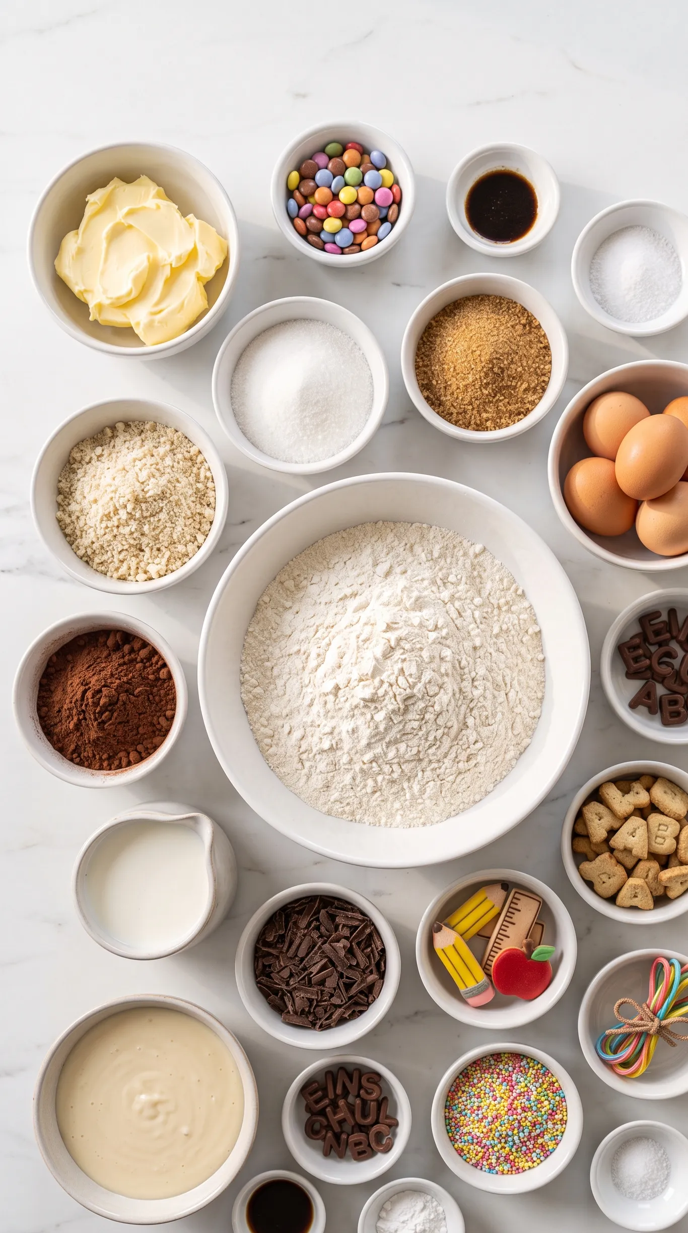Zutaten für Saftiger Einschulungskuchen: Mehl, Butter, Eier, Kakao und bunte Zucker-Dekorationen.
