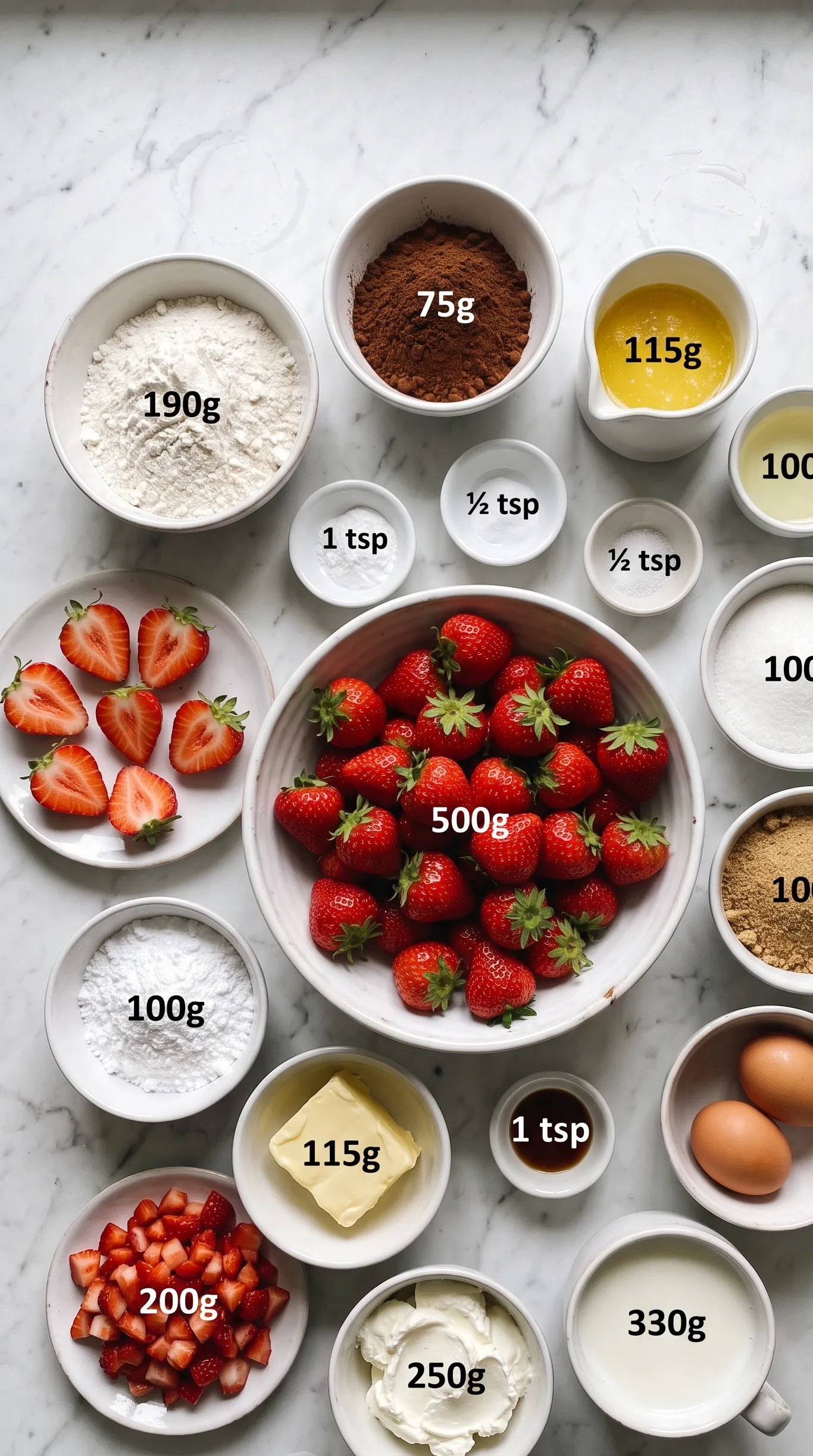 Zutaten für Erdbeer-Schokoladentorte: Frische Erdbeeren, Kakaopulver, Mehl und Zutaten für rosafarbene Creme.