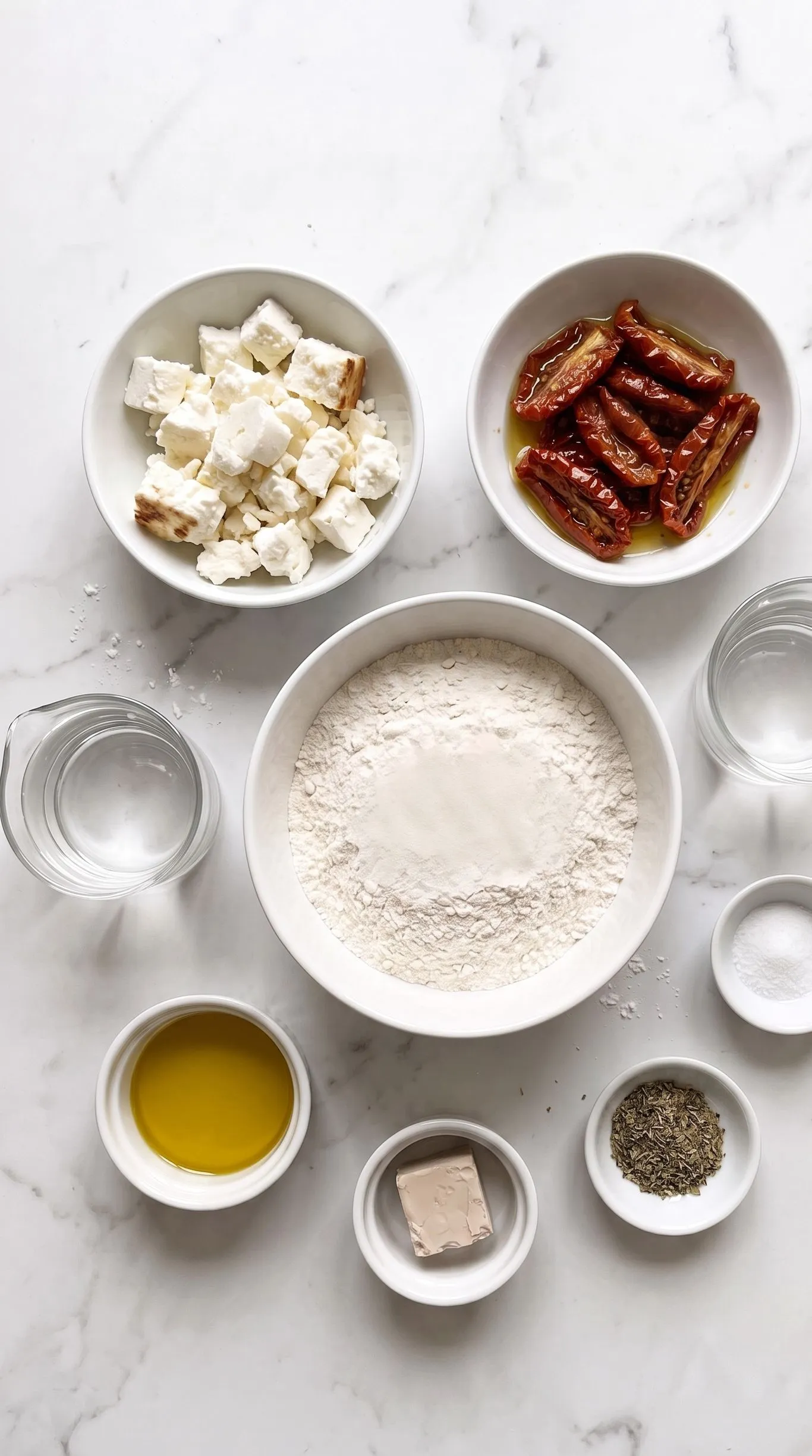 Zutaten für Feta-Tomaten-Brot: Weizenmehl, Feta und getrocknete Tomaten