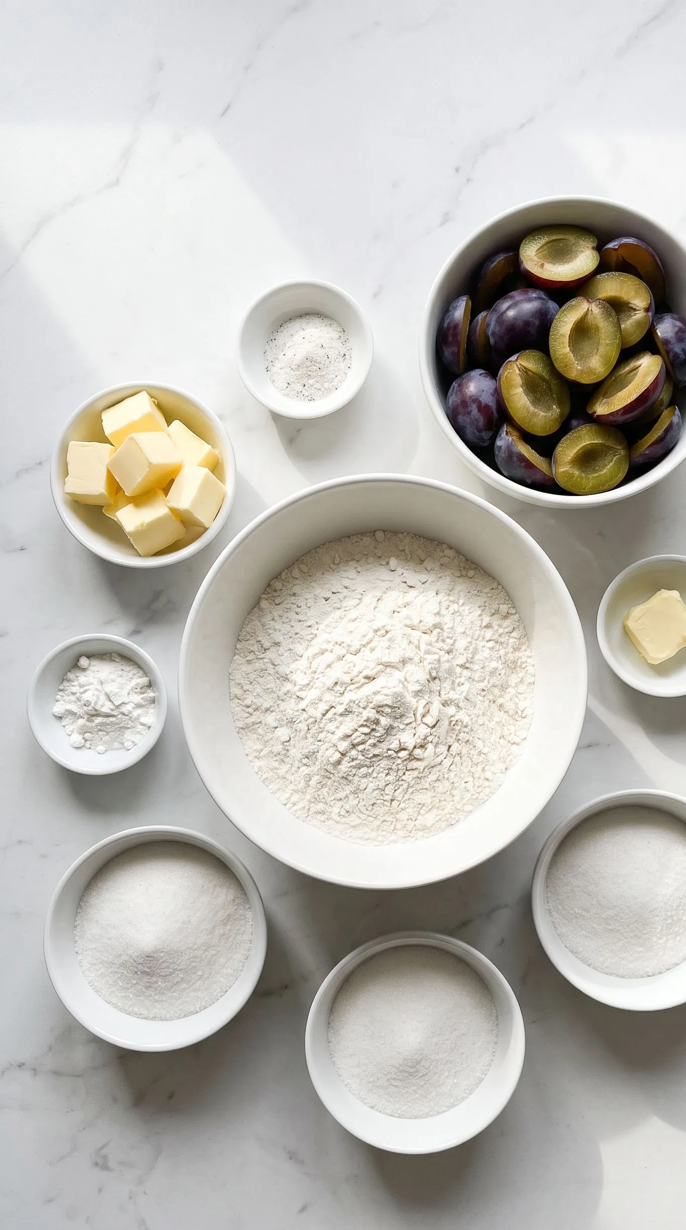 Zutaten für Zwetschgenkuchen mit Streuseln: Mehl, Zwetschgen, kalte Butter, Zucker, Speisestärke und Vanillezucker.