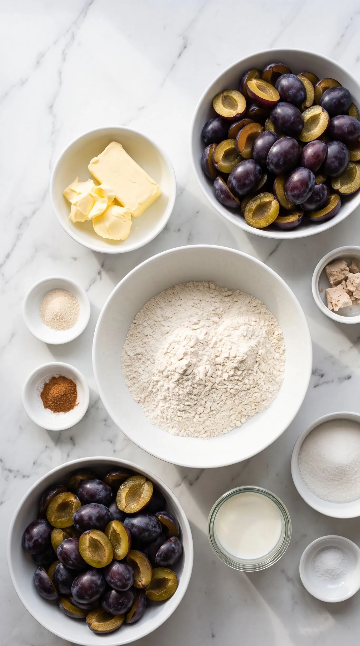 Zutaten für originalen Zwetschgendatschi: Weizenmehl, frische Hefe, Zwetschgen, Butter, Milch, Zucker und Zimt.