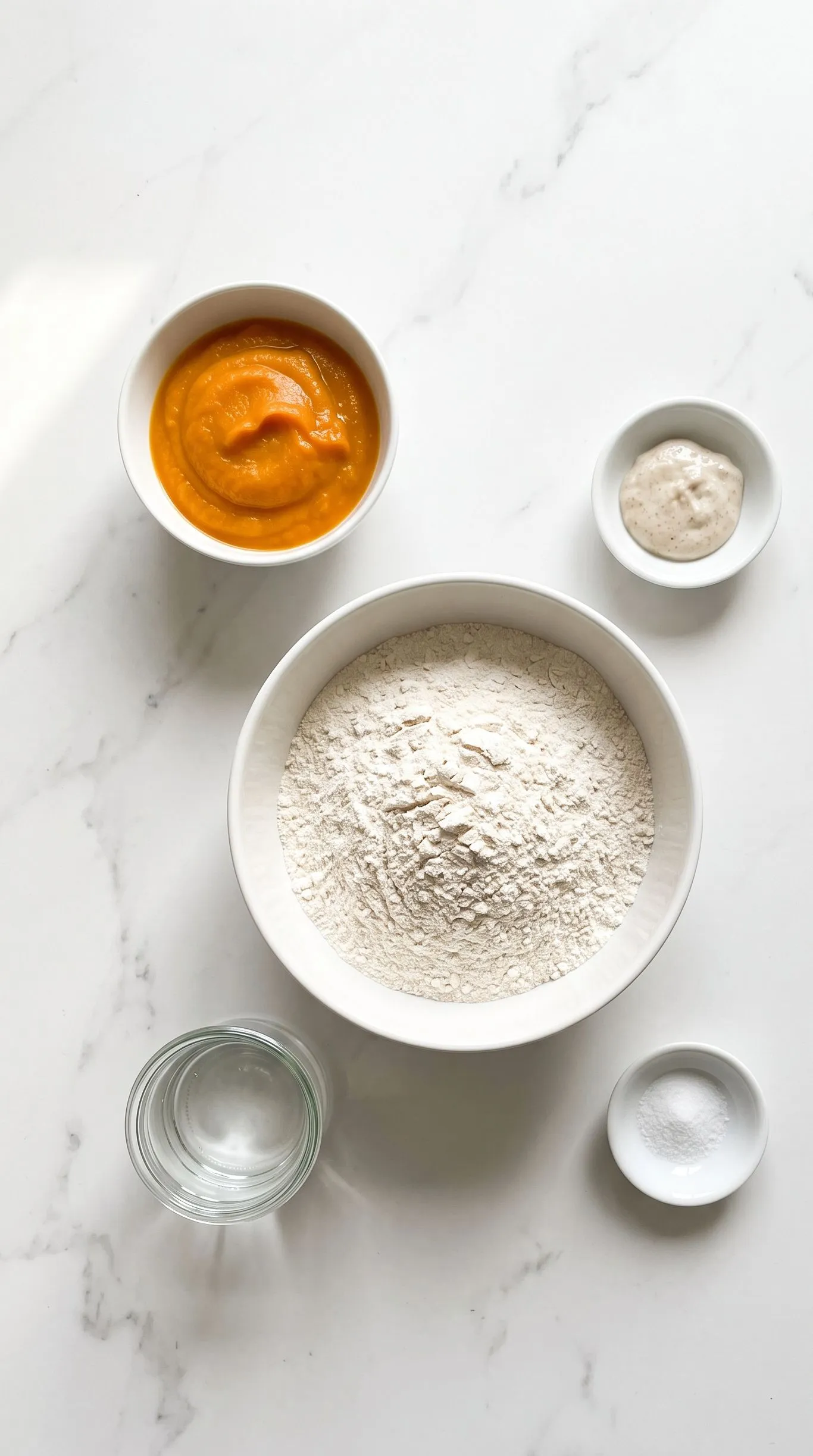 Zutaten für Kürbisbrot mit Sauerteig: Weizenmehl Type 550, Hokkaido-Kürbispüree, Sauerteig-Anstellgut, Wasser und Salz.